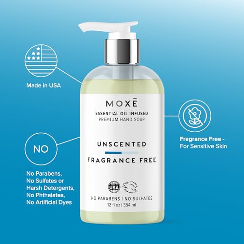 MOX? All Natural Hand Soap 4-Pack ? Jasmine Orange, Vanilla Honey, Juniper Pear & Unscented ? Organic Plant-Based Formula, Essential Oils, Biodegradable, Vegan, Sulfate-Free ? 4 x 12 oz