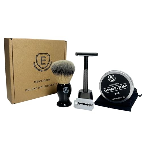 Wet shaving kit Men's Travel - Essential Shaving Brush Set - with Shaving Brush, Sandalwood Scented Shave Soap, High - Quality Zinc-Alloy Razor, Travel Bag & Gift Box