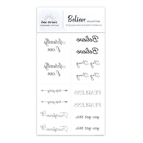 One Grace Believe Collection - Inspirational and Motivational Words Small Temporary Tattoos - Realistic Long Lasting Waterproof Black Mini Tattoos for Women and Men
