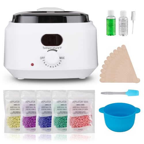Wax Warmer Pot with 5 Bag Hard Wax Beads, Wax Kit Digital Hair Removal Waxing Kit for Women & Men, HotWax Melt Warmer Kit for Full Body, Legs, Face, Bikini,Sensitive skin, White