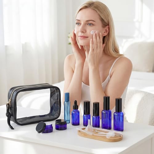 Segbeauty 8pcs Blue Travel Essentials Toilet Bottles Skincare Containers Set with Bag, Refillable Travel Size Containers Pump Bottle Cream Jar, Empty Glass Perfume Spray Bottles, Oils Dropper Bottle