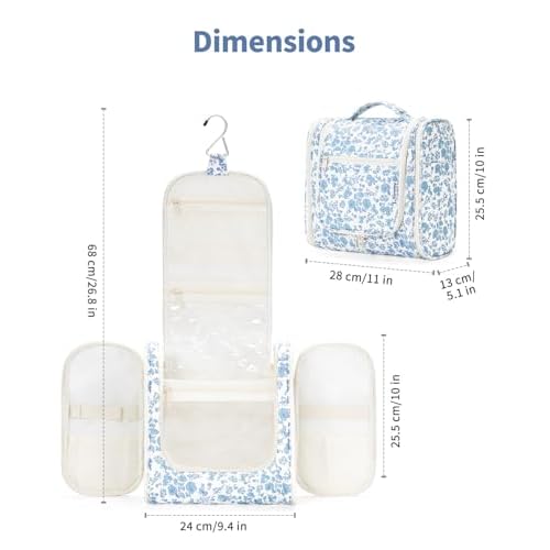 Narwey Large Hanging Toiletry Bag for Women Travel Makeup Bag Make up Organizer Toiletries Bag for Cosmetics Essentials Accessories (Large, Little Blue Flower)