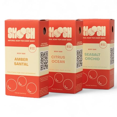 Smoosh¢ç Bar Soap Variety 6-Pack, Amber Santal, Citrus Ocean, Seasalt Orchid - Natural, Cold-Process Bar Soap for All Skin Types