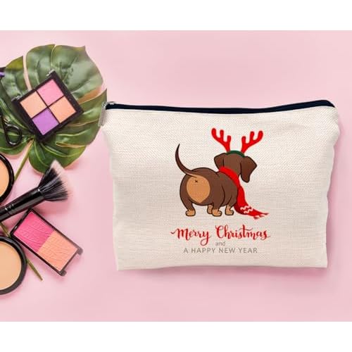 Funny Dachshund Christmas Makeup Bag Cosmetic Bags for Women, Dachshund Gifts for Women, Dachshund Mom Gifts, Dachshund Christmas Small Makeup Cosmetic Bag for Purse