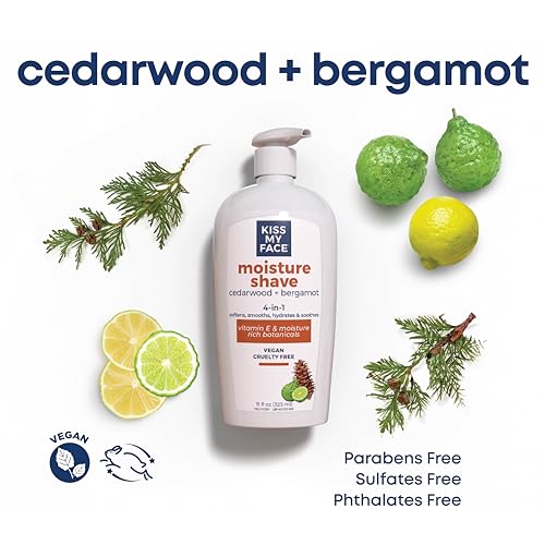 Kiss My Face Cedarwood + Bergamot Moisture Shave - 4 In 1 Shaving Cream - Cruelty Free and Vegan - With added Olive Oil and Aloe Leaf Extract - Vitamin E Rich