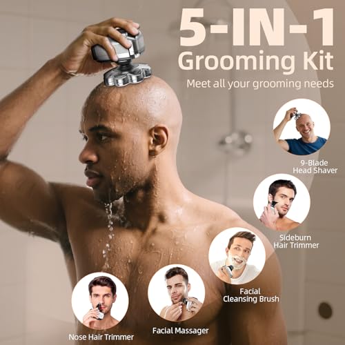 9D Head Shavers for Bald Men, 5 in 1 Detachable Head Shaver with LED Display, IPX7 Waterproof Wet Dry Rechargeable Electric Shavers for Men Grooming Kit for Home & Travel
