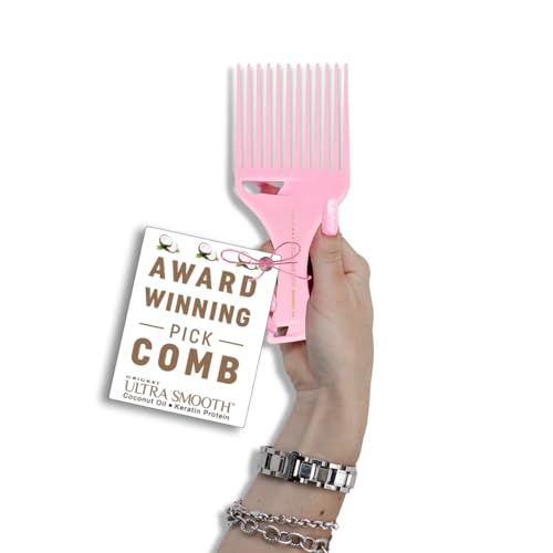 Cricket Ultra Smooth Coconut Hair Pick Comb - Infused with Coconut Oil & Keratin for Frizz-Free Shine, Volume Boost, and Gentle Detangling ? Ideal for Curly, Thick, and Textured Hair - Pink