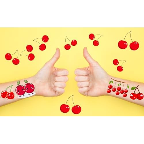 200 PCS Cherry Temporary Tattoo Sticker Fruit Theme Birthday Cute Class School Prizes Baby shower First birthday Party Decorations Supplies Favors Tattoo