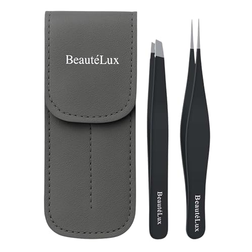 Precision Tweezer Set ? Slant & Pointed Tip Stainless Steel Eyebrow Tweezers with Leather Pouch, Professional Hair Removal for Ingrown Hair, Chin, Splinter & Blackhead