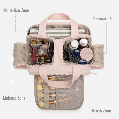 Travel Toiletry Bag, Large Quilted Cosmetic Organizer with Water-Resistant PVC & Mesh Pockets, Makeup Bag for Weekend Trip and Business Travel Essentials (Pink)