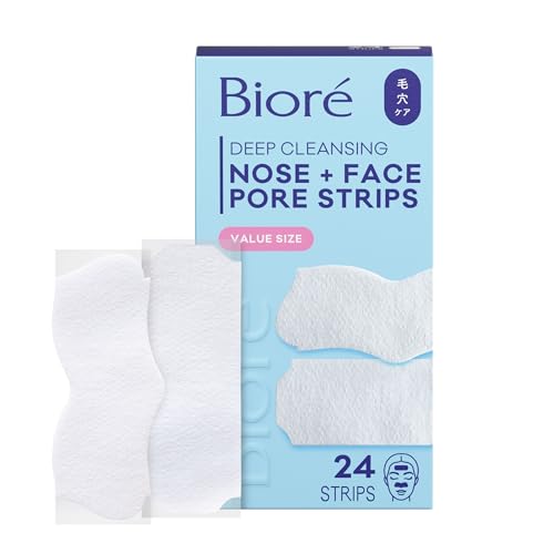 Biore Nose+Face Blackhead Remover Pore Strips, 12 Nose + 12 Face Strips for Chin or Forehead, Deep Cleansing with Instant Blackhead Removal and Pore Unclogging, Non-Comedogenic Use, 24 Ct Value Size