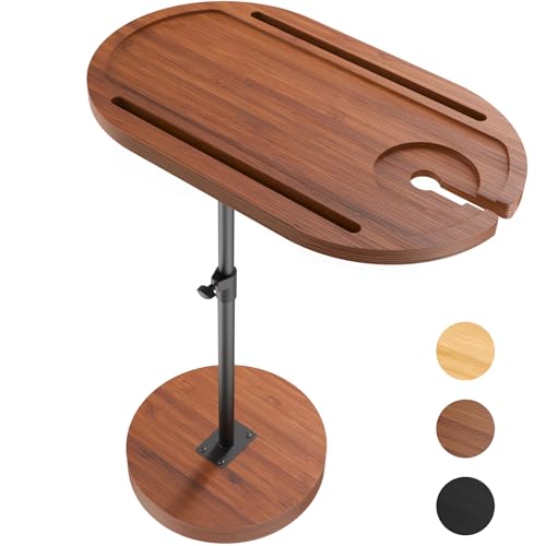 NiHome Bamboo Swivel Sofa Armrest Tray Table for Couch with Thickened Stable Base, Adjustable Height TV Tray Side Table with 360¡Æ Rotating for Bath Tub Hot Tub Bedside Balcony, Brown