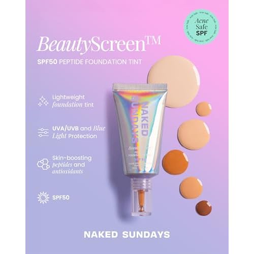 Naked Sundays BeautyScreen¢â SPF 50 Peptide Foundation Tint ? Tinted Sunscreen & Skincare Makeup with Zinc Oxide, Niacinamide ? Lightweight Natural Coverage, 7 Tan Toffee, 1.01 oz