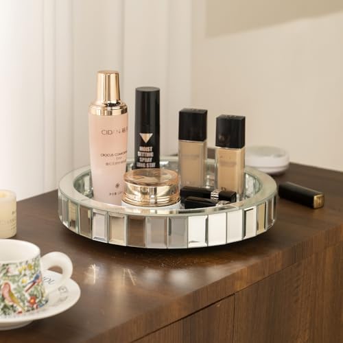 12in Round Rotating Organizer Tray,Silver Mirror Glass Coffee Table Tray,Table Centerpieces Decorative Trays for Home Decor,Living Room, Modern Decorative Trays, Centerpiece Trays