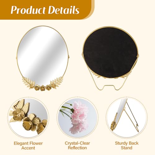 Golden Desk Oval Makeup Mirror with Blossoming Floral Accents ? Lightweight Decorative Tabletop Vanity Mirror for Living Room, Bedroom, 10.04 x 11.81 Inches