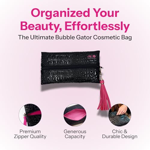 Makeup Junkie Mini Makeup Bag - Bubble Gator Onyx - Patented Lay Flat Travel Toiletry Bag for Women - 4" x 7" Handmade USA Cosmetic Pouch with Wipeable Lining