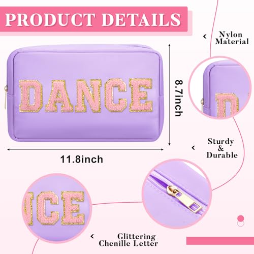 12 Pcs Cosmetic Cheer Bag Bulk with Chenille Letter Patches Gifts Nylon Makeup Bag Portable Toiletry Zipper Pouch for Cheerleader Women Travel Accessories(Novel Colors,Dance)