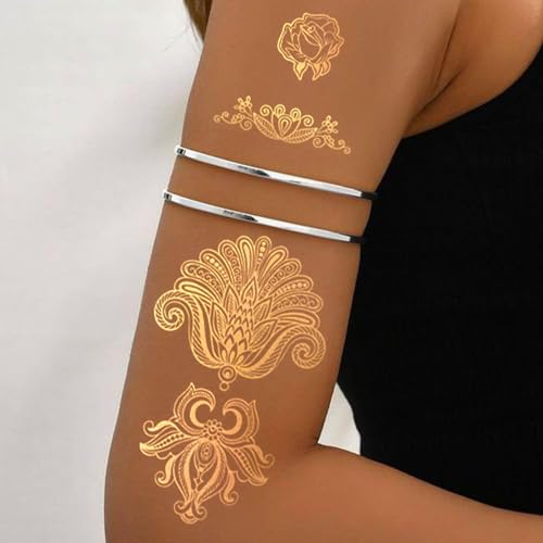 10-Sheet Gold Henna Tattoo Kit - Women's & Girls' Tattoo Stickers for Arms & Hands - Wedding & Festival Glitter Henna Tattoos