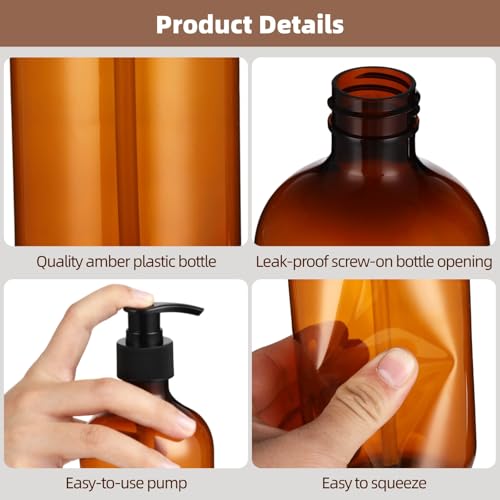 15 Pcs Amber Soap Dispenser - 16.9 oz Empty Plastic Pump Bottles, Refillable Shampoo Dispenser, Reusable Containers for Lotion, Body Wash & Dish Soap, Ideal for Bathroom, Kitchen & Travel Use