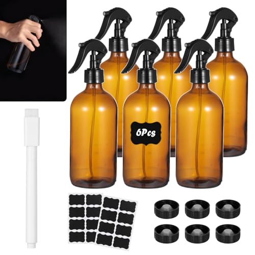 OMISTAR 6 Pcs 16 oz Amber Glass Spray Bottles for Cleaning - Empty Glass Spray Bottle Set with Labels and Pen, Refillable Container for Essential Oils, Trigger Sprayer, Adjustable Nozzl, Leakproof