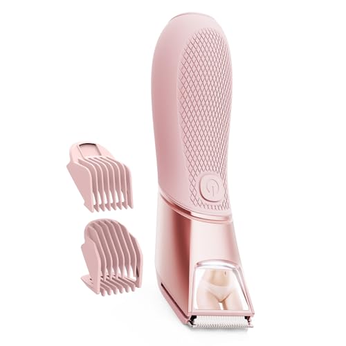 Rechargeable Bikini Trimmer for Women: Pubic Hair Razor with Mirror & LED Light - IPX7 Waterproof Electric Shaver, Travel Lock & Ceramic Blades for Legs Underarm - Punch Pink