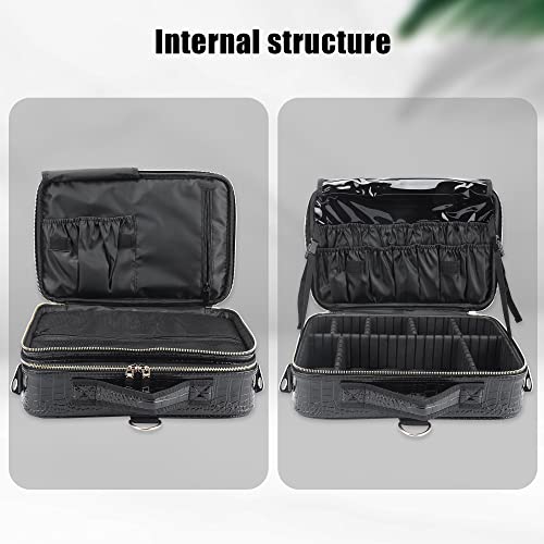 JOURMON Travel Makeup Train Case,Large Capacity Cosmetic Bags for Women,Portable Makeup Bag Organizer with Adjustable Dividers & Shoulder Strap (Crocodile Pattern Black,Medium)