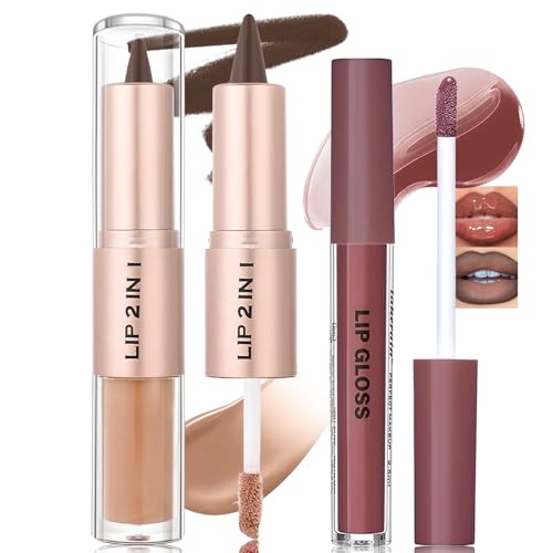 Lip Liner and Gloss Set, 2 in 1 Lip Duo Brown Lip Liner Pencil Nude Liquid Lipstick with Nourishing Lip Gloss Smooth Plumping Lip Kit High Shine High Pigmented Lip Combo Makeup for Women