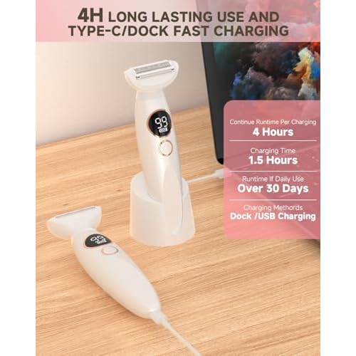 Bikini Trimmer for Women, Rechargeable 4H Use Electric Razors for Women with LED Display Painless 5 in 1 Facial Nose Pubic Hair Removal IPX7 Waterproof Body Shaver for Leg Armpit Eyebrows Femal Gift