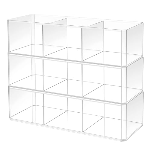 JAPCHET 3 Pack Acrylic Organizers, 3 Compartment Makeup Organizer, Clear Plastic Makeup Brush Holder Acrylic Pencil Holders for Vanity, Countertop, Desk, Kitchen, Bathroom, Makeup