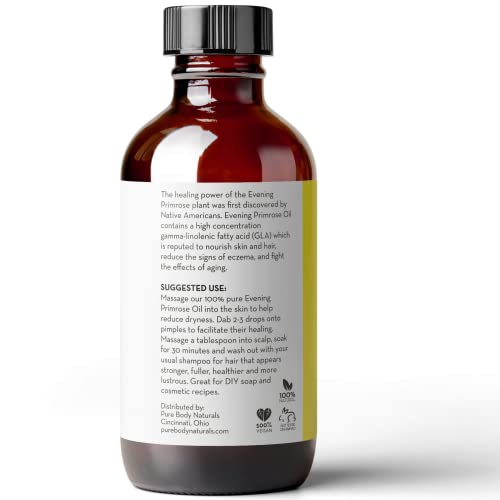 Pure Body Naturals Evening Primrose Oil - Liquid, not Capsules - for Face, Skin and Hair, 4 fl oz