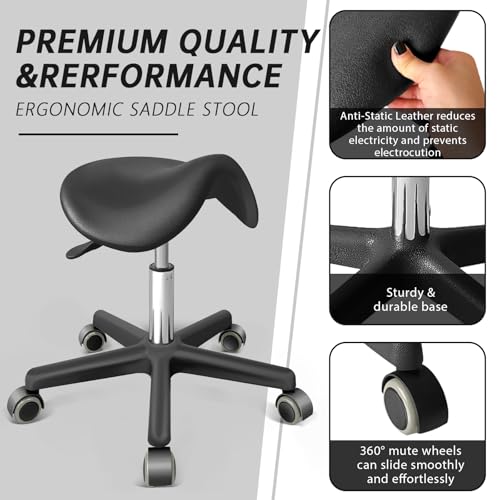 Saddle Stool with Wheels - Anti-Static Ergonomic Adjustable Rolling Stool for Salon, Spa, Office & Home - 360¡Æ Swivel Hydraulic Chair, 330LB Capacity, Black