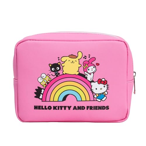Impressions Vanity Hello Kitty and Friends Core Cosmetic Pouch for Women, Core Print Artwork Travel Makeup Bag Organizer with Inner Pocket, Metal Zipper Opening Faux Leather Handheld Purse (Pink)