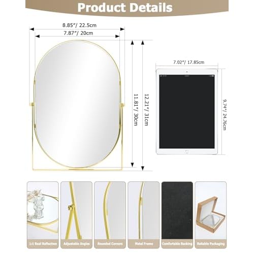 Vanity Desk Table Mirror, Adjustable Rotation Oval Tabletop Standing Makeup Mirror with Metal Framed for Living Room, Bedroom, Bathroom, Gold