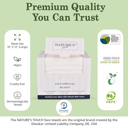 Nature¡¯s Touch Face Towels, Biodegradable Viscose, 100% USDA Biobased, Disposable Face Towelette, Ultra Soft, Vegan, OEKO-TEX Certified, Travel, Skincare, Beauty Routine Use, 10"x12", Pack of 1, 50 Ct