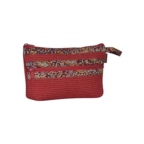 Eco-Friendly Dobby Kalamkari Pouch | Small Red Jute Bag with 2 Zippers | Reusable, Durable, Sustainable Handcrafted Travel & Cosmetic Organizer for Women & Men