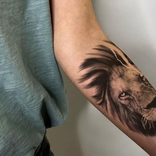 2 Sheets Realistic Animal Large Temporary Tattoos Stickers Sketch Lifelike Lion Head Designs For Men Waterproof Arm Leg Fake Body Art, Gym & Parties Bold Masculine Decals