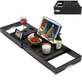 Foldable Bamboo Bathtub Caddy Tray Expandable for Luxury Bath, Bath Accessories & Table with Wine Glass Holder, Book Stand Bathroom Organizer with Extending Sides for Men/Women,Black