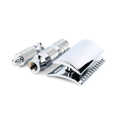 MERKUR 985C Travel Double Edge Safety Razor with Leather Case, Four-Piece Compact Design, Open Comb, Bright Chrome Finish, Made in Germany