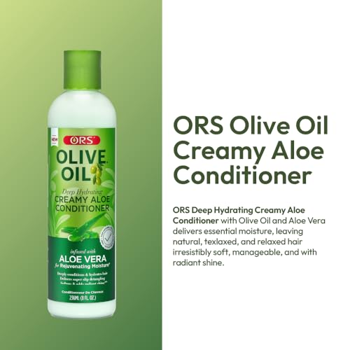 ORS Olive Oil Deep Hydrating Creamy Aloe Conditioner with Aloe Vera for Rejuvenating Moisture, Super Slip Detangling, Hydrates & Adds Radiant Shine 8 Ounces