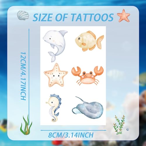 144 PCS Ocean Sea Animal Temporary Tattoos Fish Shark Turtle Tattoos Under The Sea Creature Birthday Party Favors for Ocean Animals Baby Shower Decorations Ocean Themed Birthday Party Supplies