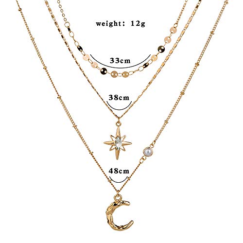 Boho Simple Gold Moon and Star Sequins Layered Necklace Dainty Pearls Chain Moon Pendant Long Necklaces Jewelry for Women