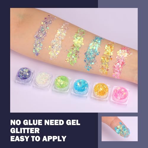 6 Colors Glow in The Dark Makeup UV Black Light Glitter Gel for Body Face Hair Eyeshadow for Raves Festivals Carnival Party