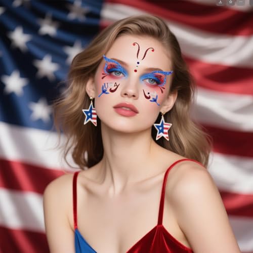 3 Sheet Patriotic Face Gems Set Blue and Red Face Jewels Stick on Face 4th of July Eye Gems Face Stickers for Women, Body Eyes Face Tattoos Sticker for Independence Day Party Festival Accessory
