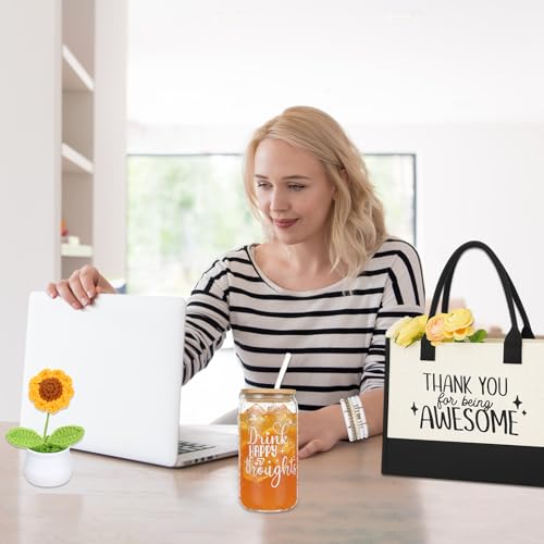Zopeal 10 Pcs Appreciation Gifts Thank You Gifts Set for Women with Canvas Tote Bag Candle Glass Tumbler Socks Bracelet Makeup Bag for Friend Coworker Teacher Employee Birthday Gift