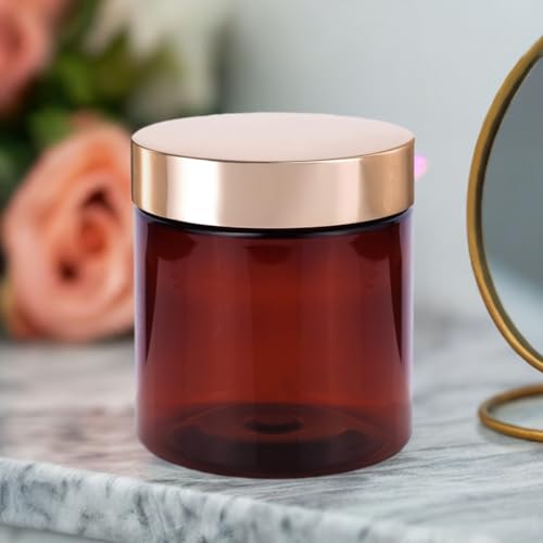 (12 Pack) 8 oz Amber PET Plastic Jar with Luxury Gold Metal Overshell Lid