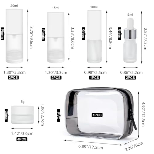 Travel Bottles for Toiletries,14pcs,Toiletry Bag,Airless Pump Bottles,Dropper Bottles,glass jars,Spray bottle,Leak Proof&Refillable,TSA Approved