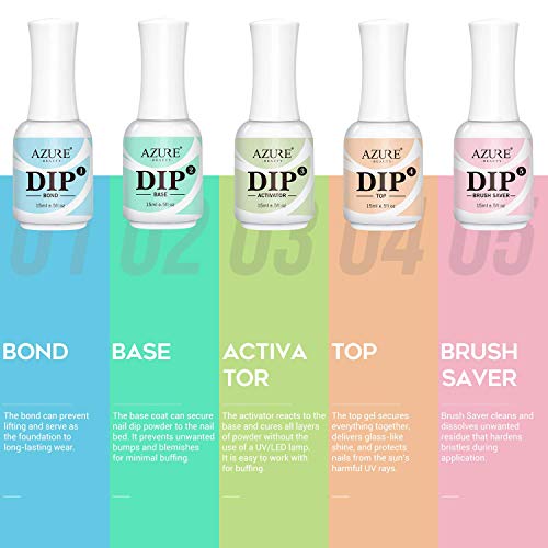 AZUREBEAUTY 10 Colors Dip Powder Starter Kit Fluorescent and Changing Dipping Powder System Essential Kit with 5pcs Dip Powder Gel Liquid Set, including Bond,Activator,Base,Top,Brush Saver 0.5oz