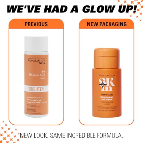 Revolution Skin, Glyco Glow 5% Glycolic Acid & Ginger Brightening AHA Face Toner, Helps Smooth Facial Complexion, Vegan & Cruelty-Free, 11.69 fl oz