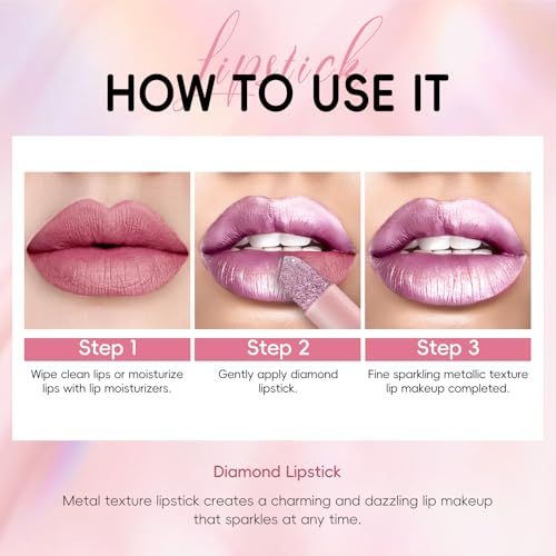 Metallic Pink Frost Glitter Lipstick for Women, Long Lasting High Shine Diamond Creamy Nude Light Pink Lipstick Transfer Proof,Shimmer High Impact Full Coverage Non Stick Cup Lip Makeup#1