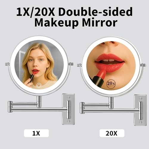 1X/20X Wall Mounted Makeup Mirror with Lights, 8" Double Sided Bathroom Magnifying Mirror with 360¡Æ Extension Arm, Dimmable, Rechargeable, Touch Control, Chrome